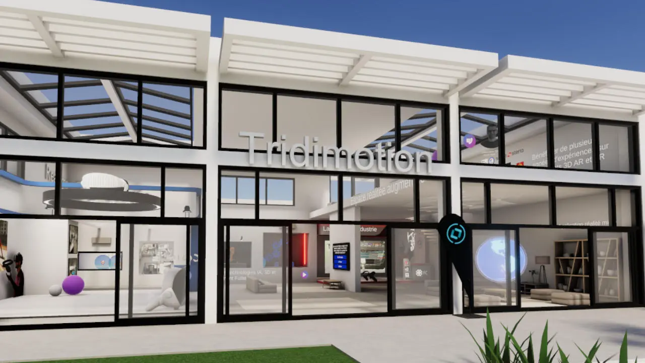 Capture d'écran de l'expérience 3D interactive Tridimotion : navigation immersive à la première personne dans un navigateur web.