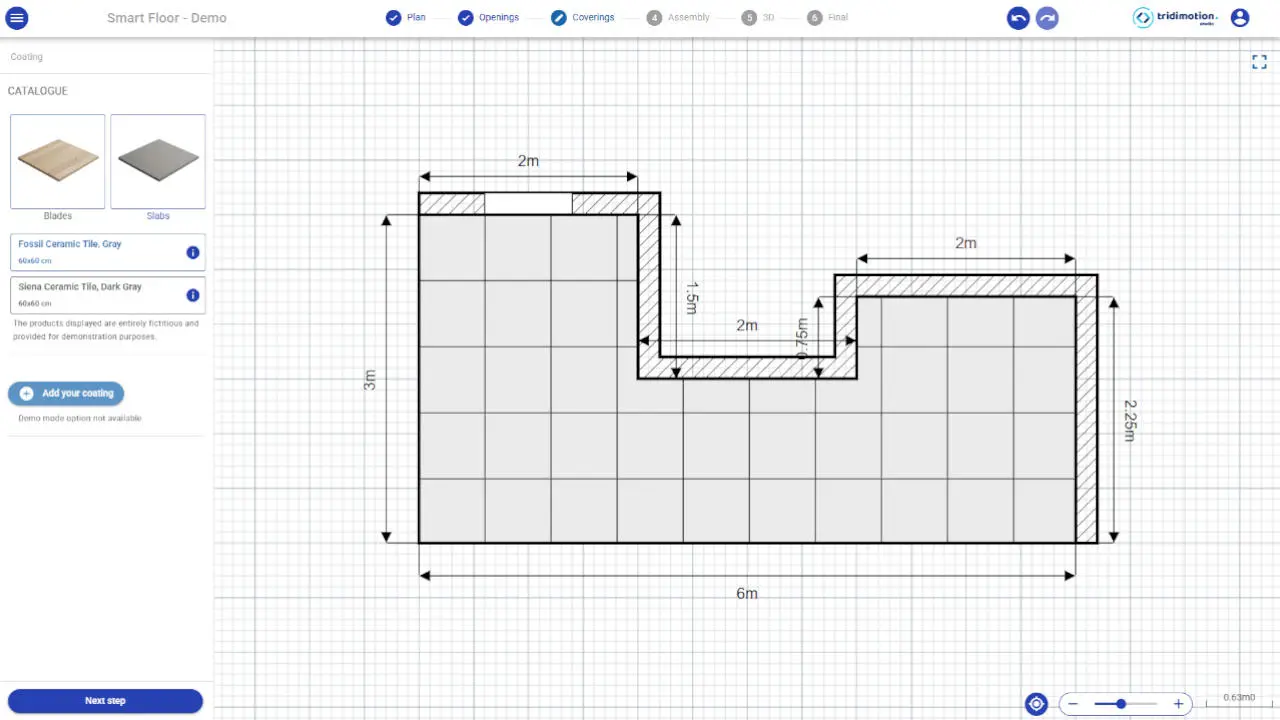 Capture d'écran configurateur intelligent de revêtement de sol avec calcul de matériaux automatique et rendu 3D temps réel.