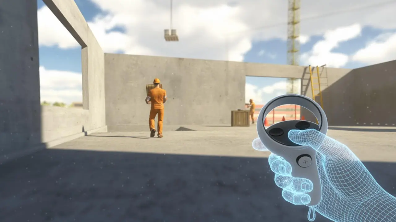 Simulation de sécurité BTP en réalité virtuelle : utilisation d'une manette Meta Quest dans un environnement de chantier avec grues et ouvriers numériques.