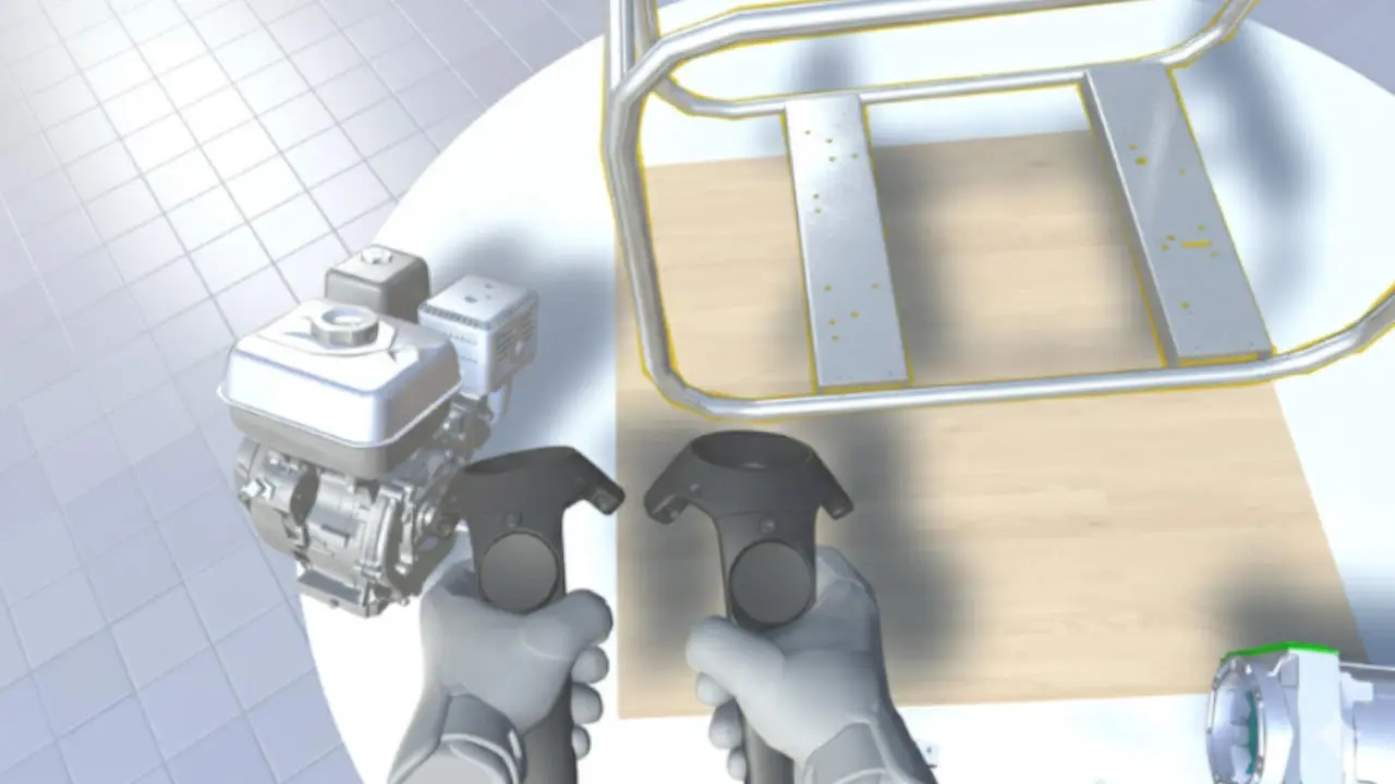 Maintenance industrielle en réalité virtuelle : manipulation et assemblage de pièces mécaniques complexes via un casque HTC Vive.